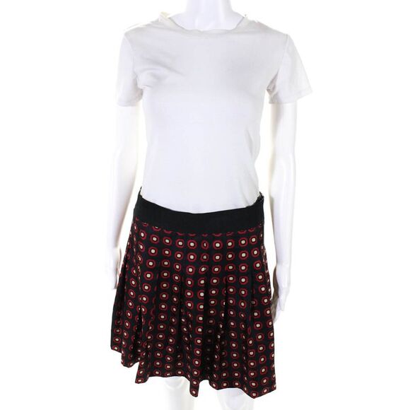 Milly Womens Geometric Pleated Satin Mini Skater Skirt Red Black Ivory Size 8 - Picture 1 of 5